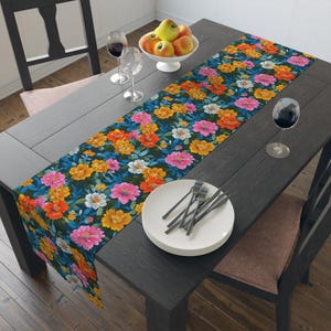 Vibrant Floral Table Runner Vintage Cottage Floral, Summer Table Decor, Poly Table Linen, Farmhouse Kitchen, Dining Room Centerpiece