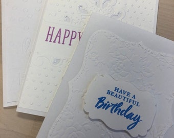 Handmade Set of 3 Birthday Cards, Feminine White Cards, Handmade Card Set, White Embossed Birthday Card