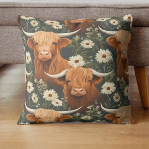 Highland Cow Spun Polyester Square Pillow, Cute Farmhouse Decor, Animal Lover Gift, Nursery Room Accent Pillow Removable Case, Fluffy Cow