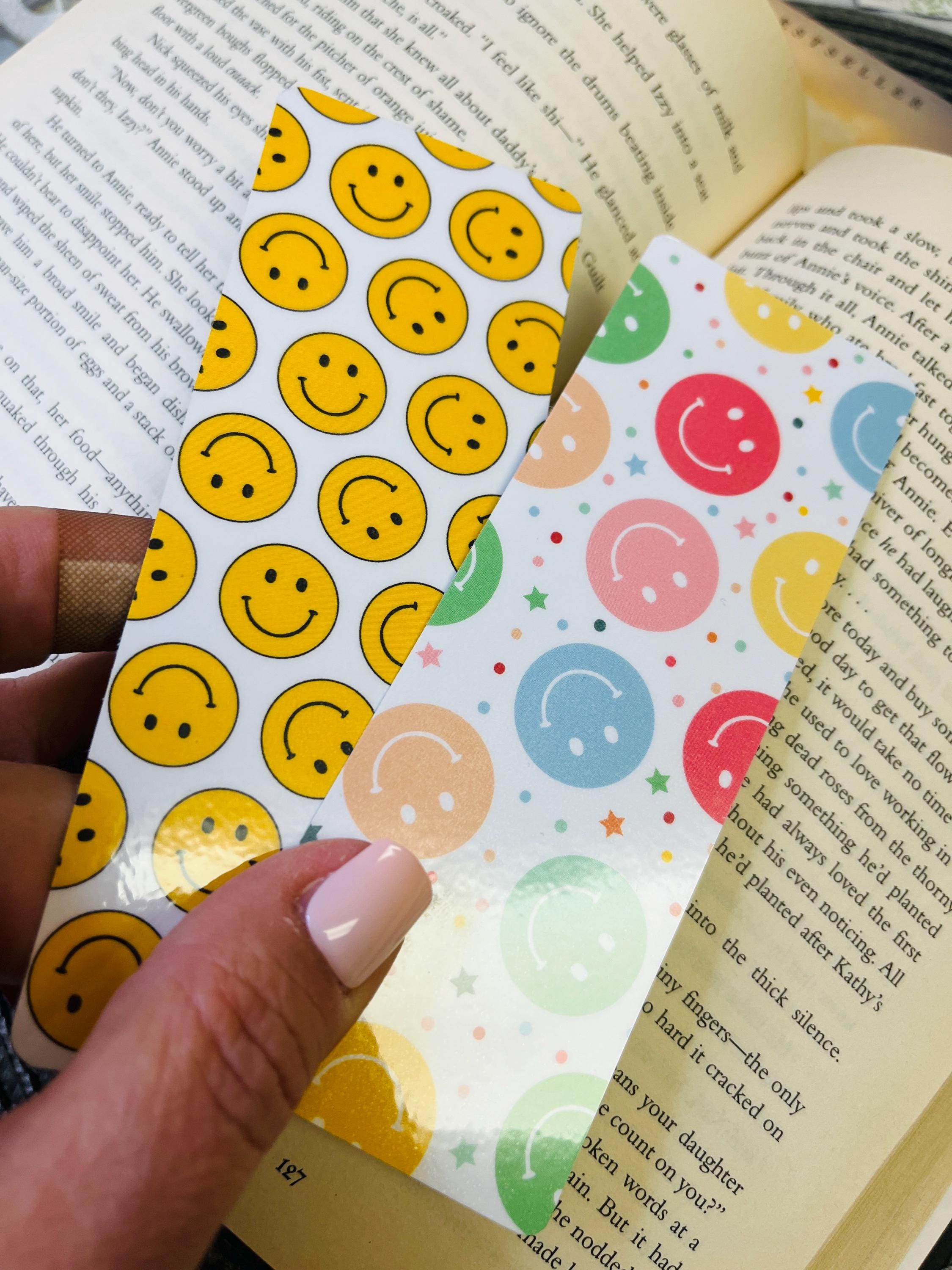 Smile Face Bookmarks, Set of 2 Laminated Book Marks, Gift For Reader, Bookworm Gift, Book Club Gift, Cute Bookmarks, Double Sided Bookmark