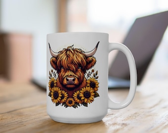 Cow and Sunflowers Ceramic Mug, Fluffy Scottish Cow, Stoneware Mug, Cow Lover Gift, Highland Cow Gift