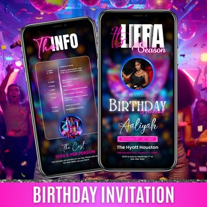 May include: Two smartphones displaying a birthday invitation. The invitation features the text "It's Libra Season" and "Birthday Weekend Aaliyah" with event details. The bottom of the image reads "BIRTHDAY INVITATION".