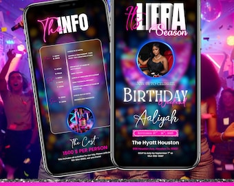 Könnte beinhalten: Zwei Smartphones, die eine Geburtstagseinladung anzeigen. Die Einladung enthält den Text "It's Libra Season" und "Birthday Weekend Aaliyah" mit Veranstaltungsdetails. Der untere Teil des Bildes lautet "BIRTHDAY INVITATION".