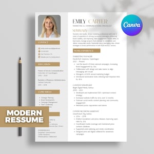 Peut inclure: Un modèle de CV moderne avec une photo professionnelle, des coordonnées et des détails d'expérience professionnelle. Le CV met en évidence les compétences en marketing et communication, avec un accent sur la planification stratégique et le développement de la marque. Le logo Canva est visible.