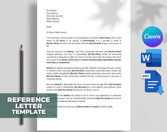 Personal Reference Letter Template, Recommendation Letter Template, Character Reference Letter, personal reference Word,Docs,Canva Editable.