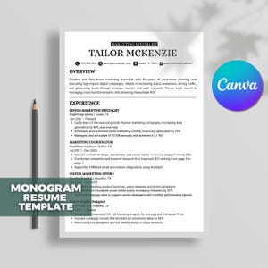 Monogram Resume Template, Modern Resume Template, Professional Template CV, Reference Page Template, Student CV Template, Canva Editable