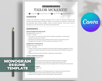 Könnte beinhalten: Eine Lebenslaufvorlage mit dem Text "Monogram Resume Template" in einer türkisfarbenen Box. Der Lebenslauf ist für Tailor McKenzie, eine Marketing-Spezialistin. Das Canva-Logo befindet sich in der oberen rechten Ecke, und ein Bleistift ist links.