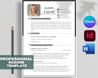 Könnte beinhalten: Professionelle Lebenslaufvorlage für einen Digital Marketing Specialist. Enthält ein Foto, Kontaktdaten und Abschnitte für berufliche Zusammenfassung, Ausbildung und Erfahrung. Die Vorlage enthält Canva-, InDesign- und Word-Logos.