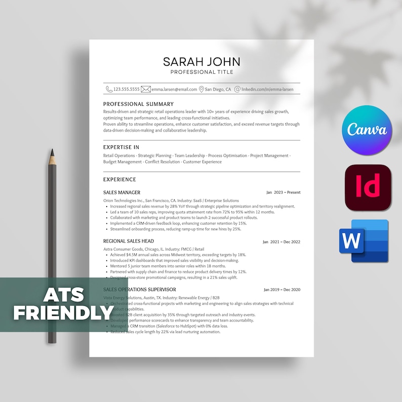 ATS Friendly Resume Template Word, Pages, Minimalist Resume, Microsoft ...