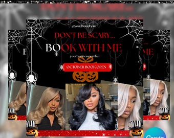 October Booking Flyer, October Books Open, Halloween Hair Flyer, Spooky SZN Flyer, October Hair Flyer, Nails MUA Lash Locs Wig, DIY Canva