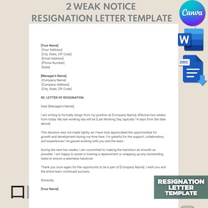Professional Resignation Letter Template, Resignation Letter, Notice Letter, Resign Letter, Letter of Resignation, Docs, Word,Canva Editable