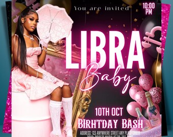Könnte beinhalten: Rosa Libra Baby Geburtstagseinladung mit einer Frau in einem rosa Kleid, die einen rosa Sonnenschirm hält. Die Einladung enthält den Text "You are invited", "10:00 PM", "10TH OCT", "BIRHTDAY BASH" sowie eine Adresse und RSVP-Informationen.