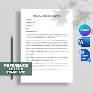 Plantilla de carta de referencia personal, plantilla de carta de recomendación, carta de referencia de carácter, referencia personal Word, Docs, Canva editable.