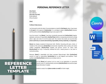 Personal Reference Letter Template, Recommendation Letter Template, Character Reference Letter, personal reference Word,Docs,Canva Editable.