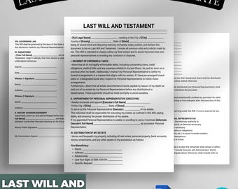 Könnte beinhalten: Eine Vorlage für ein Testament mit dem Titel oben und unten im Bild. Das Dokument enthält Abschnitte für Unterschriften, die Zahlung von Ausgaben und die Ernennung eines persönlichen Vertreters. Die Vorlage ist in den Formaten DOC, W und Canva verfügbar.