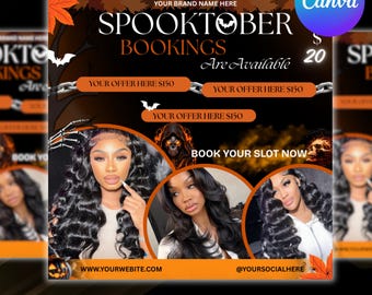 October Booking Flyer, October Books Open, Halloween Hair Flyer, Spooky SZN Flyer, October Hair Flyer, Nails MUA Lash Locs Wig, DIY Canva