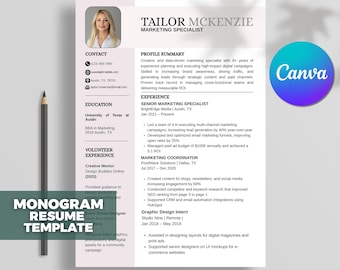May include: A light pink resume template with a photo of a woman, contact information, and work experience. The text reads "TAILOR MCKENZIE MARKETING SPECIALIST" and "MONOGRAM RESUME TEMPLATE". A Canva logo is in the corner.