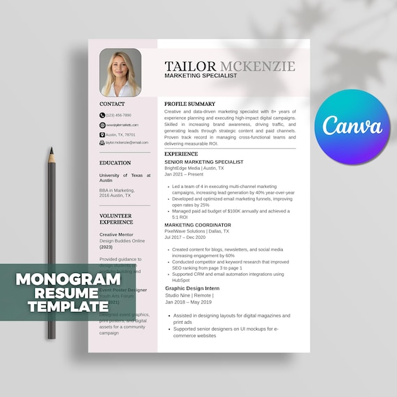 Monogram Resume Template, Modern Resume Template, Professional Template CV, Reference Page Template, Student CV Template, Canva Editable
