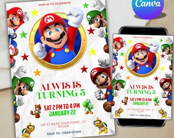 Super Mario Geburtstagseinladung, bearbeitbar Mario Bros Einladung, Mario Party einladen für Kinder Jungen Mädchen, Kindergeburtstagskarte, Canva bearbeitbar
