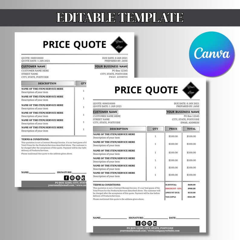 Quote Template, Editable Quotation Template, Quote Form, Small Business ...