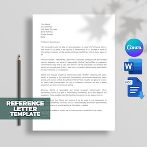 Personal Reference Letter Template, Recommendation Letter Template, Character Reference Letter, personal reference Word,Docs,Canva Editable.