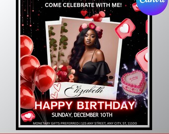 Könnte beinhalten: Social-Media-Flyer mit schwarzem Hintergrund, mit Foto einer Frau in einem schwarzen Kleid. Rote Luftballons und ein herzförmiger Kuchen sind enthalten. Der Text lautet "Feiern Sie mit mir!" und "Alles Gute zum Geburtstag, Sonntag, 10. Dezember."