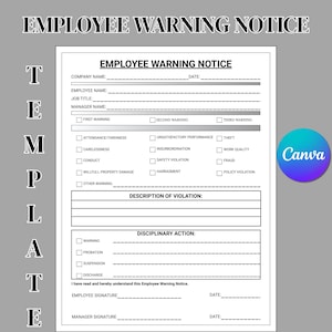 Employee Warning Notice Employee, Employee Discipline, Employee Performance, Employee Write Up, HR forms employee templates, Canva Editable.