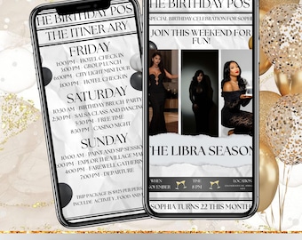 Digital Libra Birthday Weekend Newspaper Evite, Digital Libra Birthday Girl Trip Newspaper Evite, Birthday Weekend, DIY Evite,Canva Editable