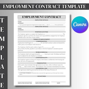 Employment Contract Form, Employment Agreement, HR Employer Employee Form, Employment Service Contract, Job Agreement, Canva Editable