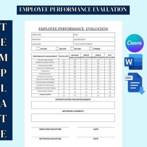 Puede incluir: Una plantilla blanca de evaluación del desempeño de los empleados con un encabezado azul que dice "EVALUACIÓN DEL DESEMPEÑO DEL EMPLEADO". El formulario incluye secciones para la información del empleado, el período de evaluación y los criterios de gestión del desempeño.