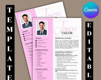 Könnte beinhalten: Ein rosa-weißes Lebenslauf-Template mit einem Foto eines Mannes im Anzug. Das Template enthält Abschnitte für Kontaktinformationen, Marketing-Fähigkeiten und Berufserfahrung. Das Canva-Logo ist sichtbar.