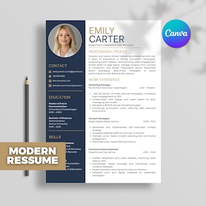 Modelo de currículo moderno com foto, currículo profissional 2025 para Canva e Mac Pages, carta de apresentação editável incluída, download instantâneo em PDF, perfil