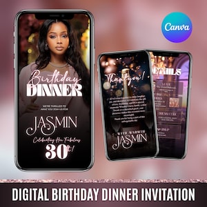 Digital Birthday Dinner invitation, Birthday Dinner, Digital Birthday Party Invite, Birthday Invite, Text, Birthday Party, Canva Editable