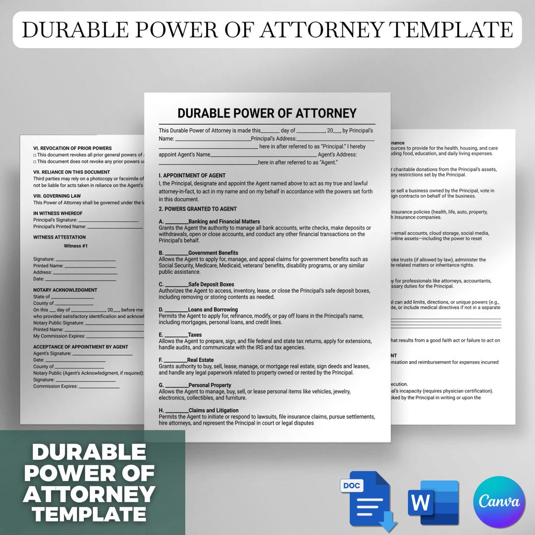 Durable Power of Attorney Template, Durable Power of Attorney Form ...