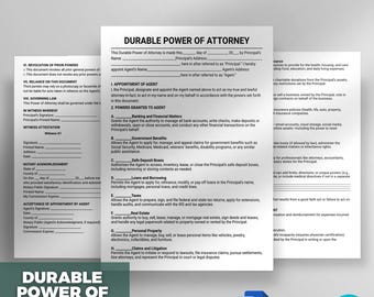 Könnte beinhalten: Ein weißes Dokument mit dem Titel "Durable Power of Attorney" mit Text und auszufüllenden Feldern. Das Dokument ist eine juristische Vorlage mit Abschnitten zur Ernennung eines Bevollmächtigten und zur Gewährung von Vollmachten. Das Bild enthält Symbole für DOC, Word und Canva.