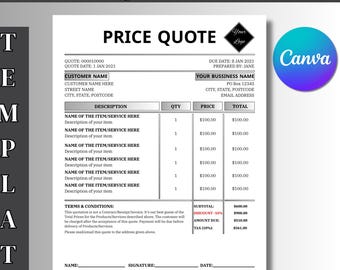 Plantilla de cotización, plantilla de cotización editable, formulario de cotización, formulario de pedido de factura para pequeñas empresas, plantilla de cotización de precio, Canva editable