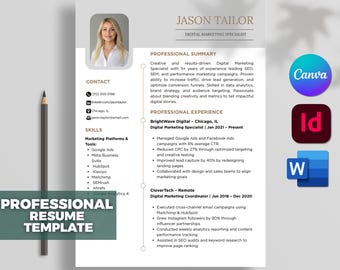 Könnte beinhalten: Eine professionelle Lebenslaufvorlage mit einem Foto, Kontaktinformationen, Fähigkeiten und Berufserfahrung. Der Lebenslauf ist für einen Digital Marketing Specialist und enthält den Text "Professional Resume Template".