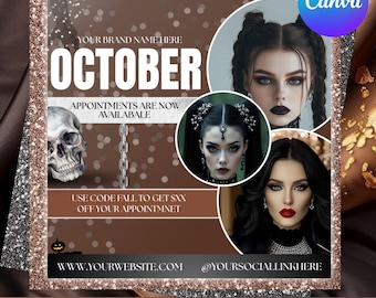 Folleto de reservas de octubre, Libros abiertos de octubre, Folleto de peinados de Halloween, Folleto de SZN espeluznante, Folleto de peinados de octubre, Peluca de pestañas y uñas MUA, Canva editable