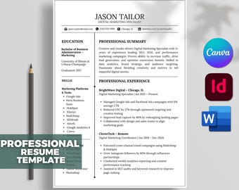 Könnte beinhalten: Eine professionelle Lebenslaufvorlage in Schwarzweiß mit dem Titel "PROFESSIONAL RESUME TEMPLATE" in einer türkisfarbenen Box. Der Lebenslauf listet Ausbildung, Fähigkeiten und Berufserfahrung auf. Canva-, Adobe InDesign- und Microsoft Word-Symbole oben rechts.