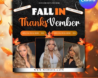 Könnte beinhalten: Werbeflyer mit schwarzem strukturiertem Hintergrund, orangefarbenem und weißem Text mit der Aufschrift "FALL IN Thanks Vember". Der Flyer enthält drei Bilder von Frauen mit langen blonden Haaren. Der untere Teil des Flyers lautet "NOVEMBER BOOKING FLYER".