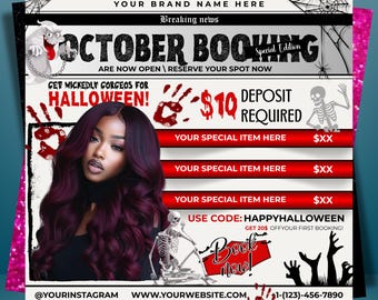 October Booking Flyer, Halloween Booking Flyer, October Books Open, Spooky SZN Flyer, Hair Braids Nails MUA Lash Locs Wig, Canva Editable