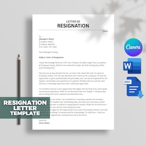 Professional Resignation Letter Template, Resignation Letter, Notice Letter, Resign Letter, Letter of Resignation, Docs, Word,Canva Editable