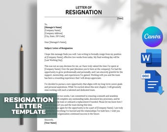 Professional Resignation Letter Template, Resignation Letter, Notice Letter, Resign Letter, Letter of Resignation, Docs, Word,Canva Editable