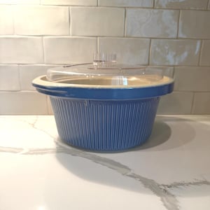 ビンテージ Rival クロックポット交換用ブルーリブ付きストーンウェアインサートセラミックボウル＆透明プラスチック蓋 モデル3355 5クォート スロークッカー オーバルラウンド