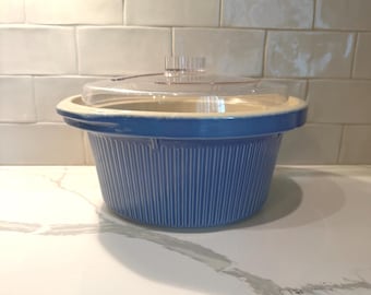 Vintage Rival Crockpot Replacement Blue Ribbed Stoneware Insert Ceramic Bowl & Clear Plastic Lid Model 3355 5 Quart Slow Cooker Oval Round