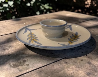 Signed Handcrafted Ceramic Chip and Dip Set, Vintage Blue Willow Style Stoneware Serving Dish, Large 12" Artisan Pottery Veggie Tray
