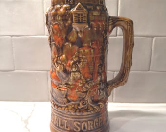 Vintage Holland Mold Beer Stein - German Knight & Castle Relief - In Durst’ger Mit Inscription - Mid-Century Breweriana Barware - 8" High