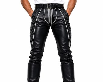 Men's Quilted Black Leather Biker Pants: Handmade Slim Fit Motorcycle Trousers