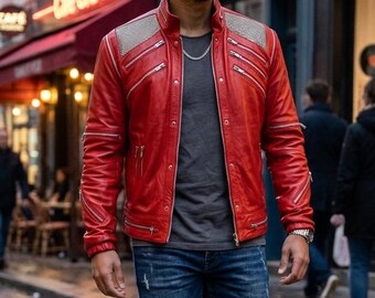 Veste Beat It inspirée de Michael Jackson - Veste de costume de motard en cuir rouge - Hommage à MJ style concert - Cadeau pour lui