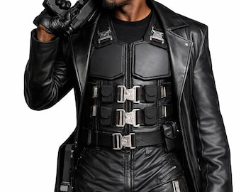 Wesley Snipes Klinge inspiriert Vampir Jäger Echtlederweste |  Cosplay Kostüm Für Halloween Echte Taktische Schnallen
